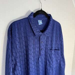 VTG 90s Dad Style Blue Geometric Textured Shirt Ribbed Banded Hem Sopranos Large